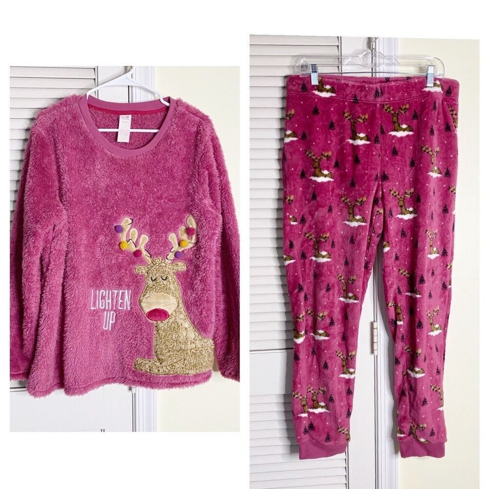 Secret Treasures Womens Lighten Up Reindeer Plush PJ Sets Pink SZ Large 12-14)